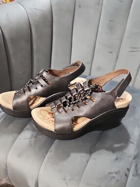 Bionica Metallic Pewter Wedge Sandals